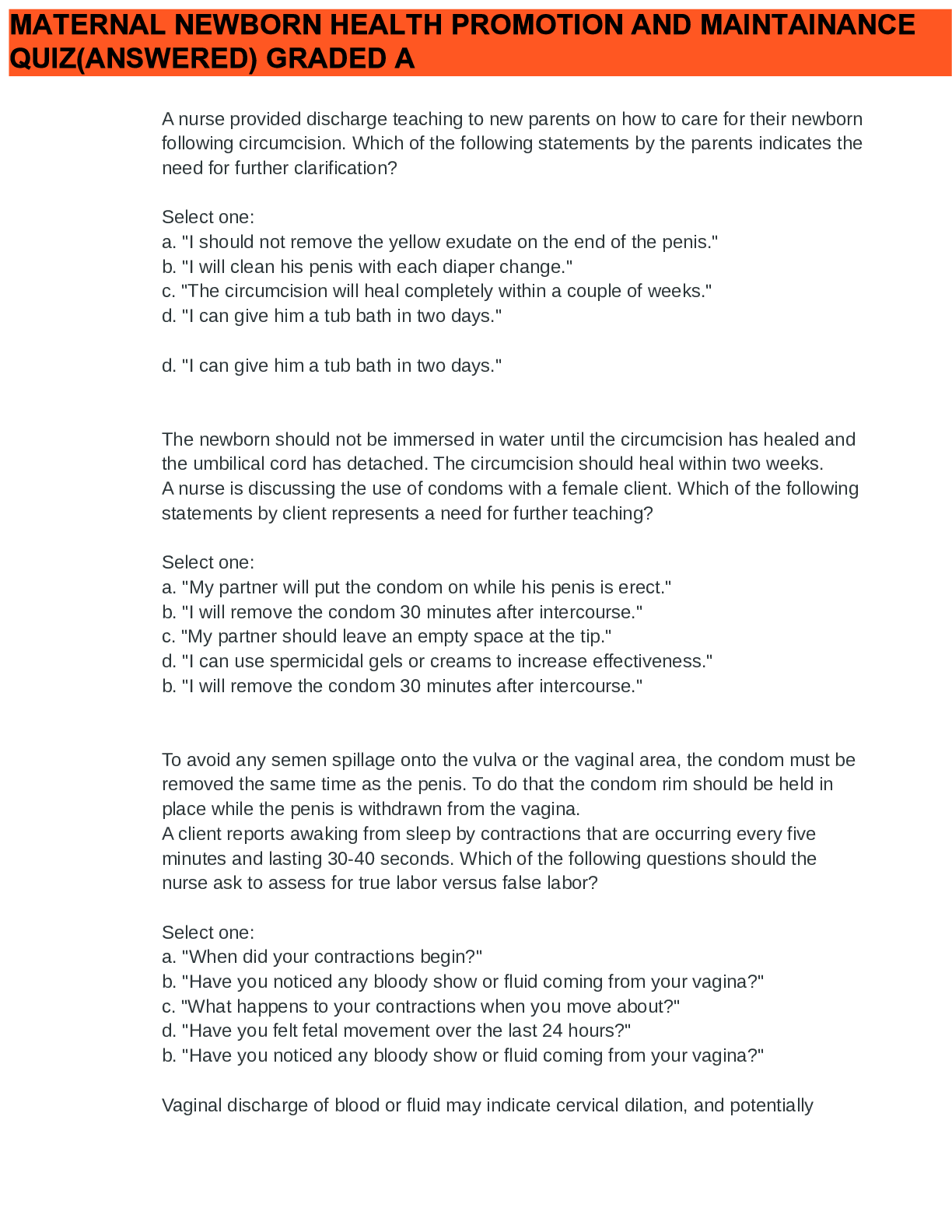 Preview image for MATERNAL NEWBORN HEALTH PROMOTION AND MAINTAINANCE QUIZ(ANSWERED) GRADED A